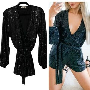 SAINT GENIES Black Sequin Romper Tie Belt 10
